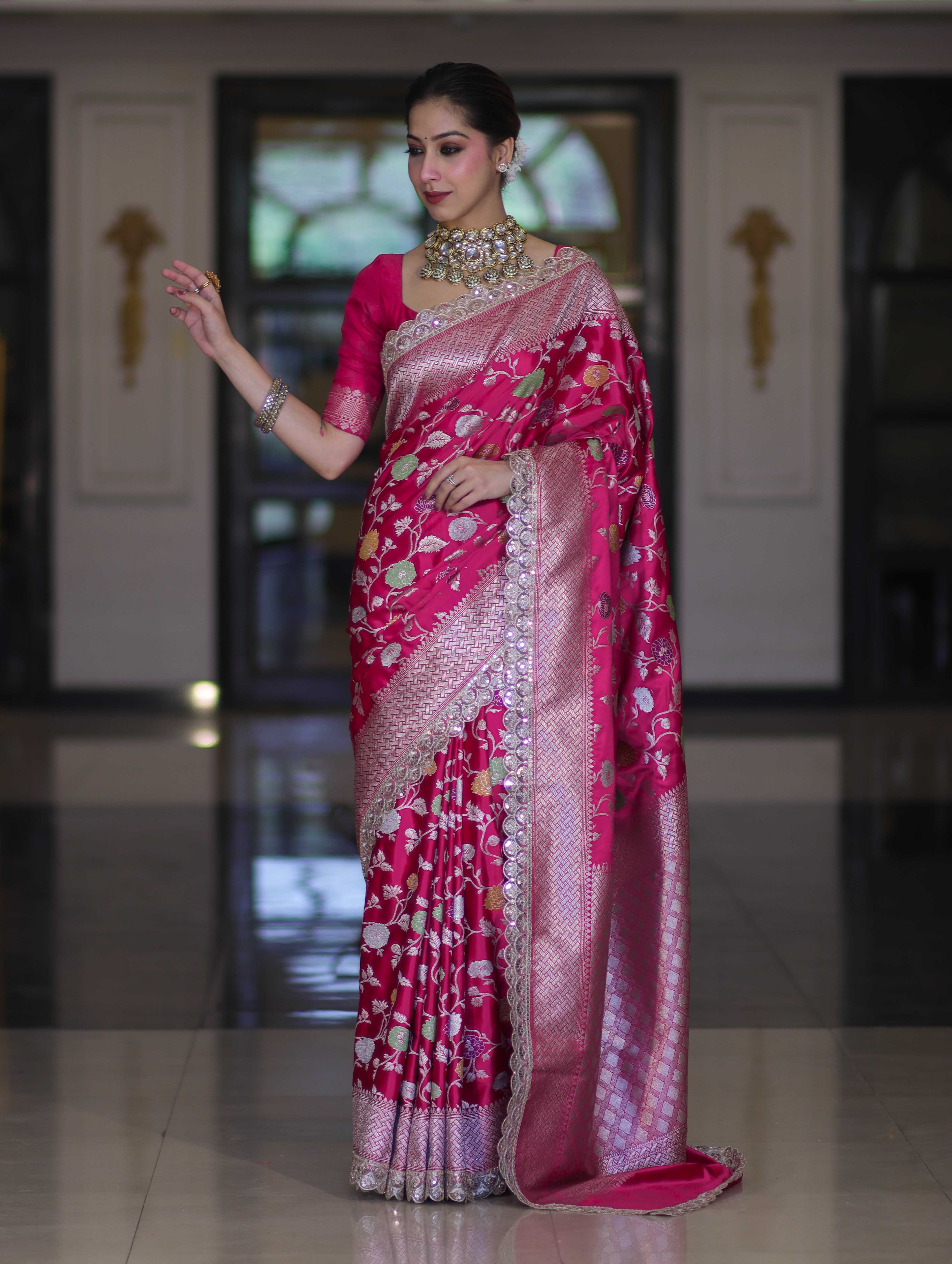 Banarasee Handloom Mashru Silk Saree With Jaal Design & Lace Border-Fuchsia Pink