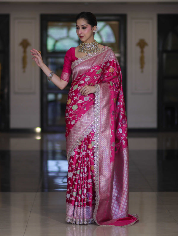 Banarasee Handloom Mashru Silk Saree With Jaal Design & Lace Border-Fuchsia Pink