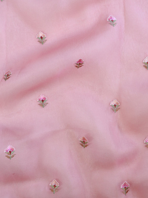 Banarasee Pure Organza Silk Saree With Floral Resham Embroidery-Pink