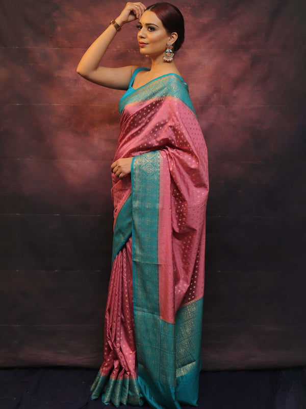 Banarasee Semi Silk Zari Buti Saree With Contrast Border-Pink & Blue