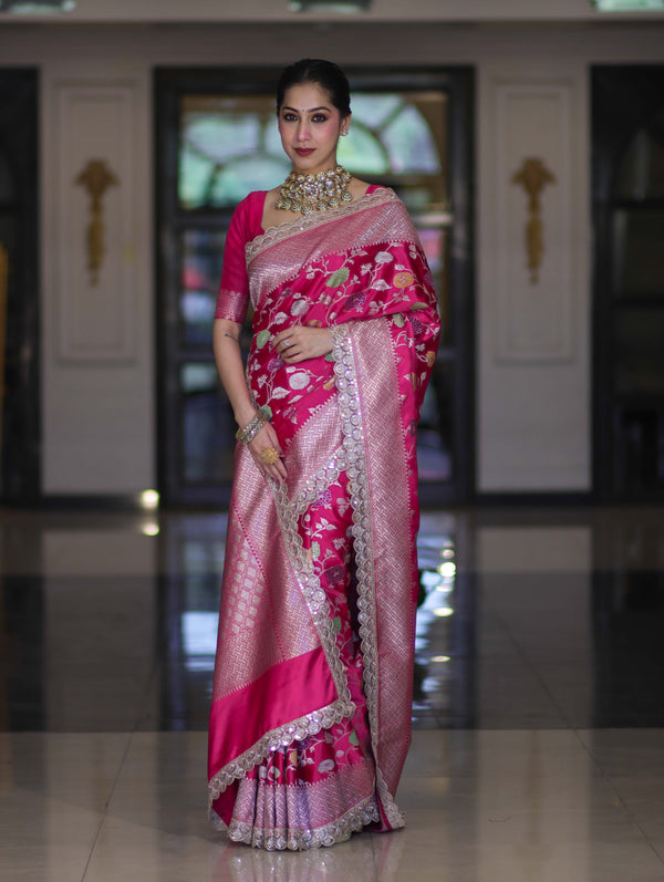 Banarasee Handloom Mashru Silk Saree With Jaal Design & Lace Border-Fuchsia Pink