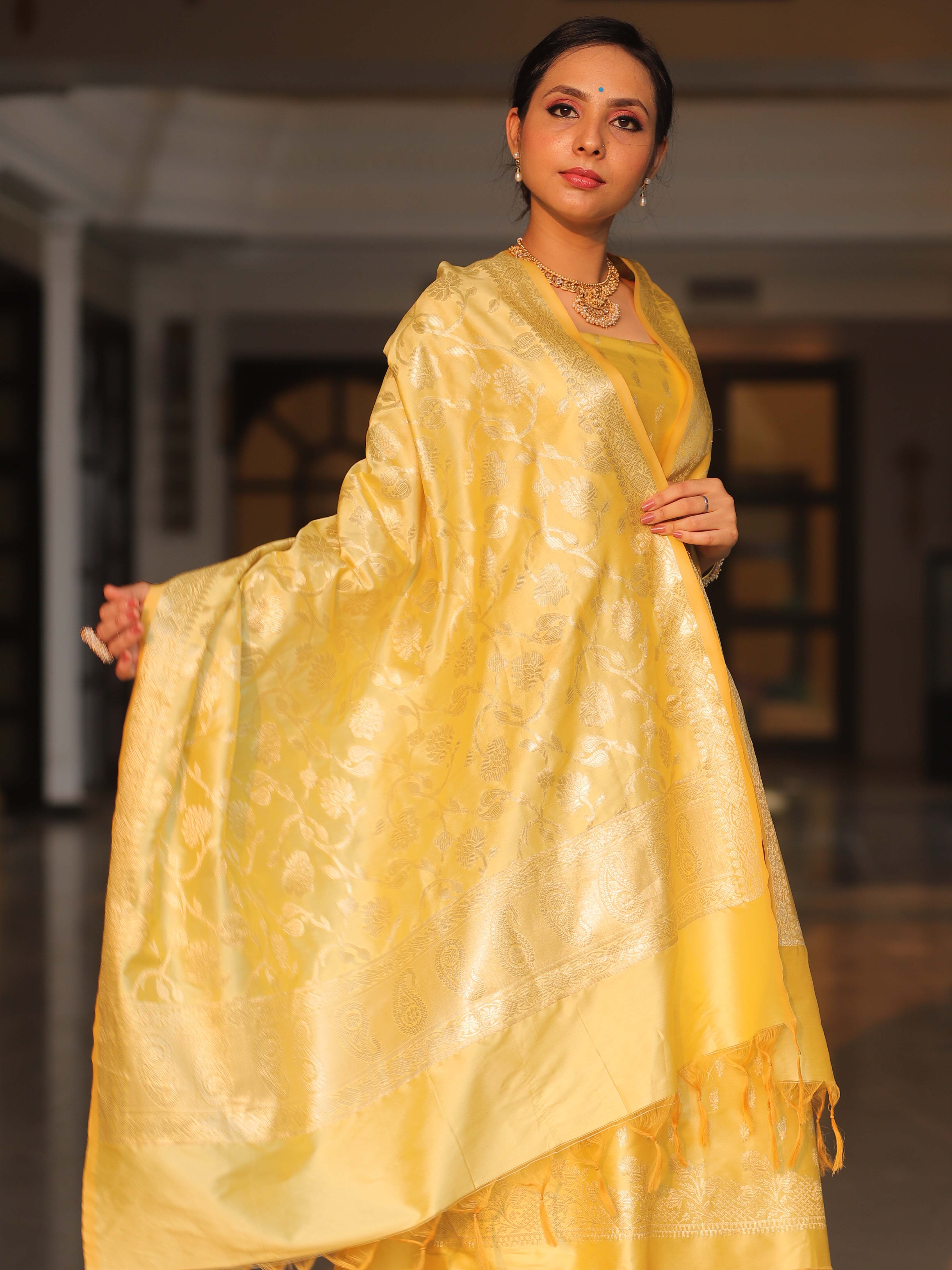 Banarasee Salwar Kameez Semi Katan Silk Fabric With Zari Work-Yellow