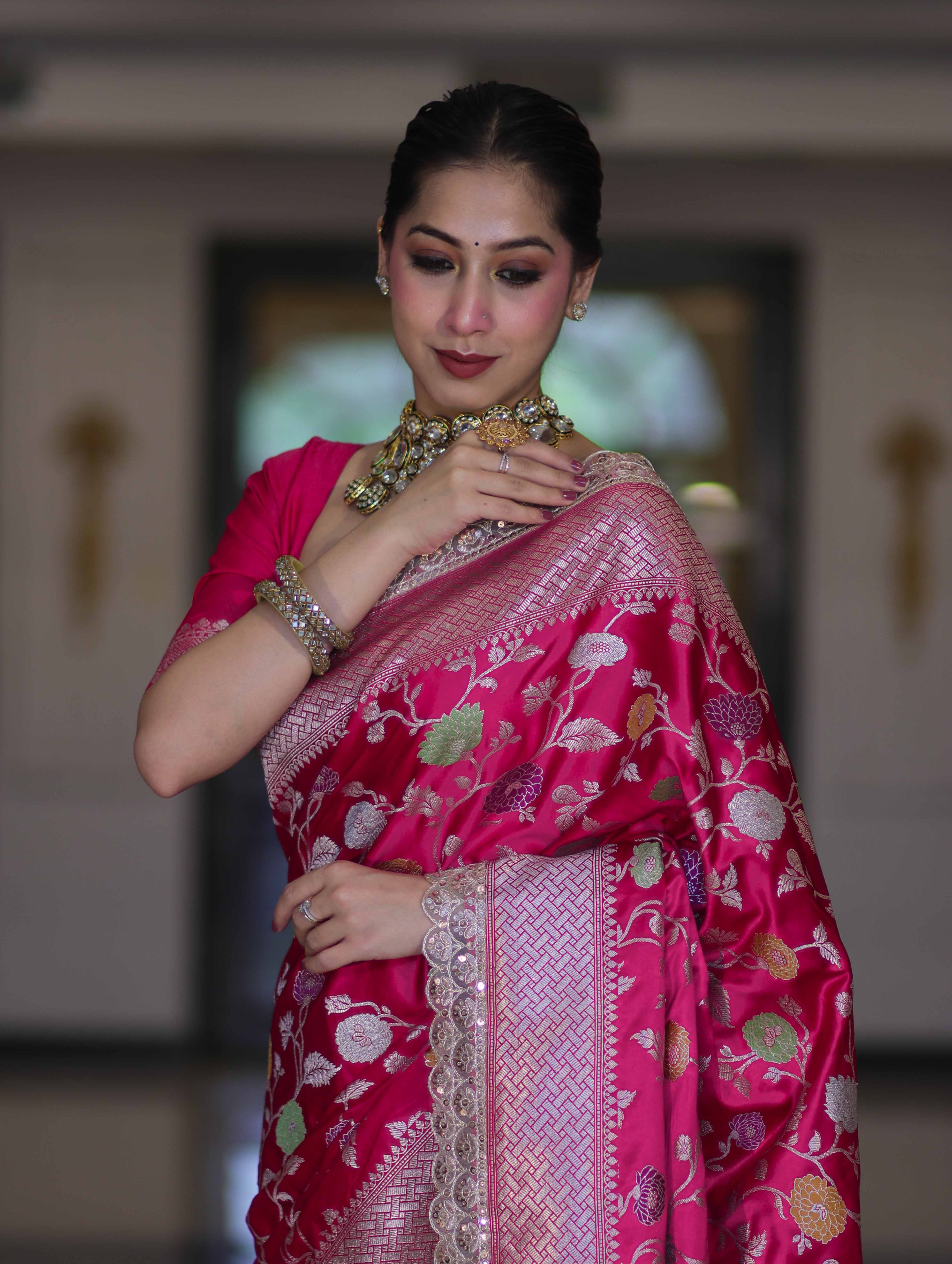 Banarasee Handloom Mashru Silk Saree With Jaal Design & Lace Border-Fuchsia Pink