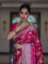 Banarasee Handloom Mashru Silk Saree With Jaal Design & Lace Border-Fuchsia Pink