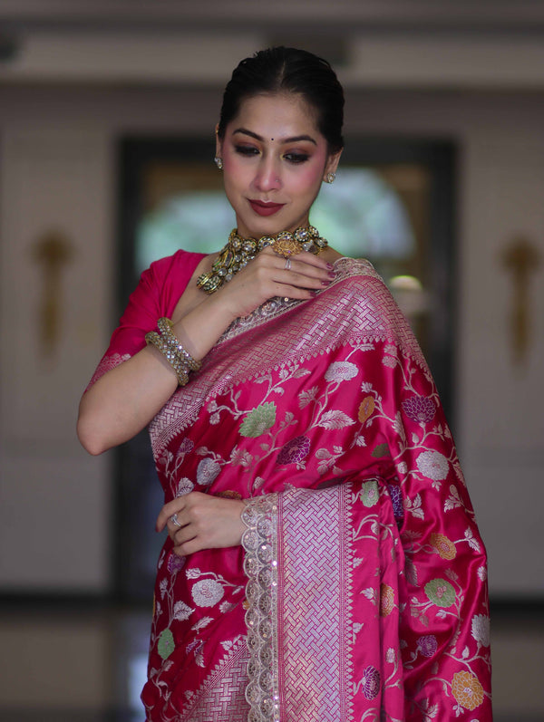 Banarasee Handloom Mashru Silk Saree With Jaal Design & Lace Border-Fuchsia Pink