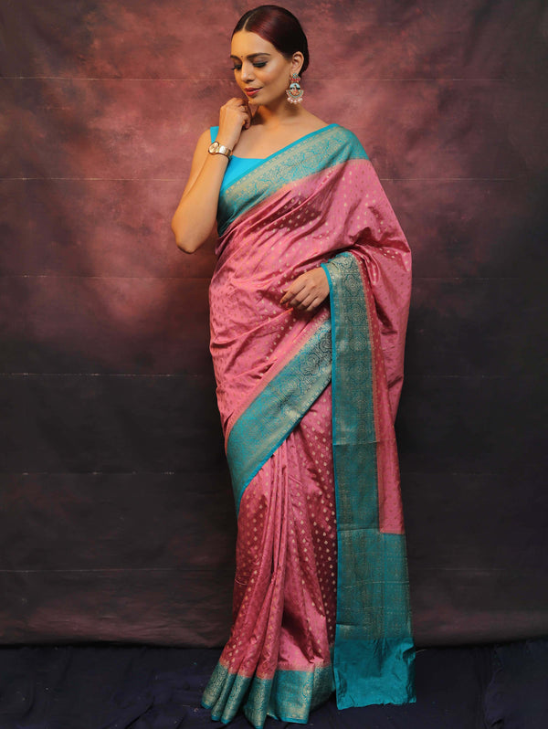 Banarasee Semi Silk Zari Buti Saree With Contrast Border-Pink & Blue