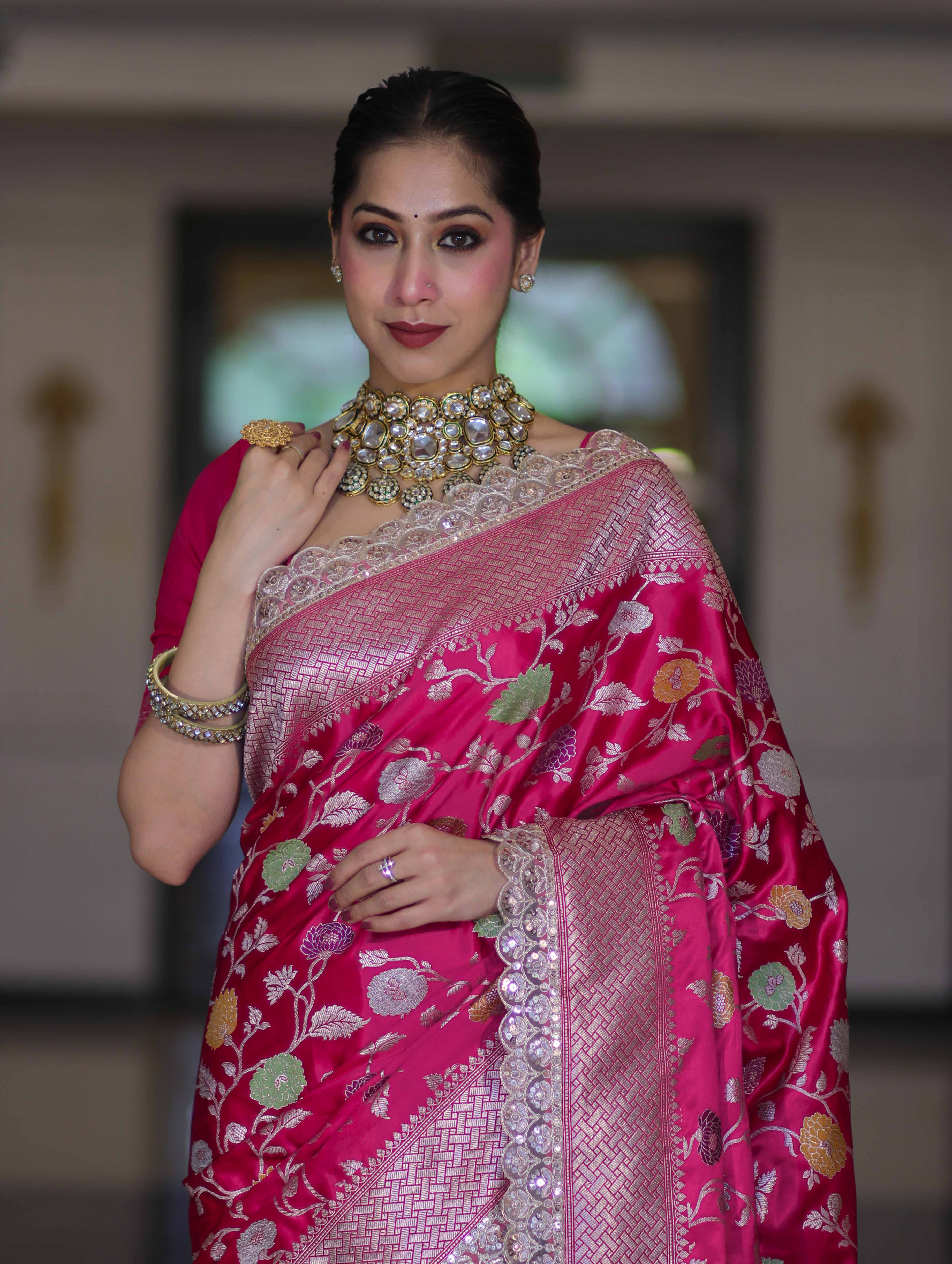 Banarasee Handloom Mashru Silk Saree With Jaal Design & Lace Border-Fuchsia Pink