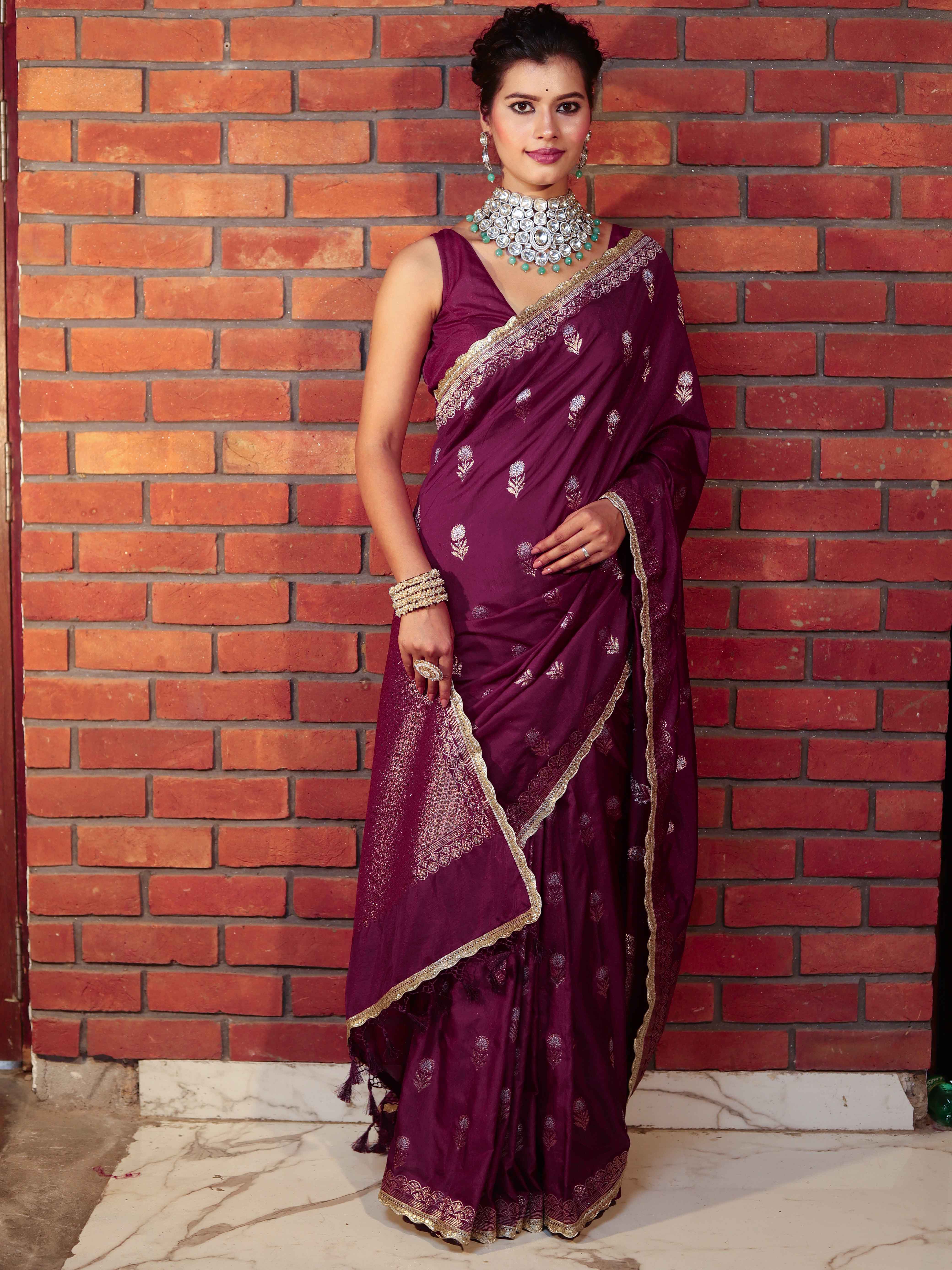 Banarasee Handwoven Semi Katan Saree With Sona Rupa Zari Buta Design Border & Lace-Wine