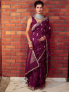 Banarasee Handwoven Semi Katan Saree With Sona Rupa Zari Buta Design Border & Lace-Wine