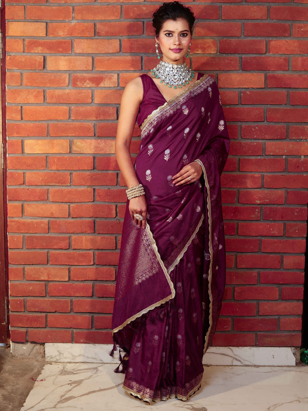 Banarasee Handwoven Semi Katan Saree With Sona Rupa Zari Buta Design Border & Lace-Wine