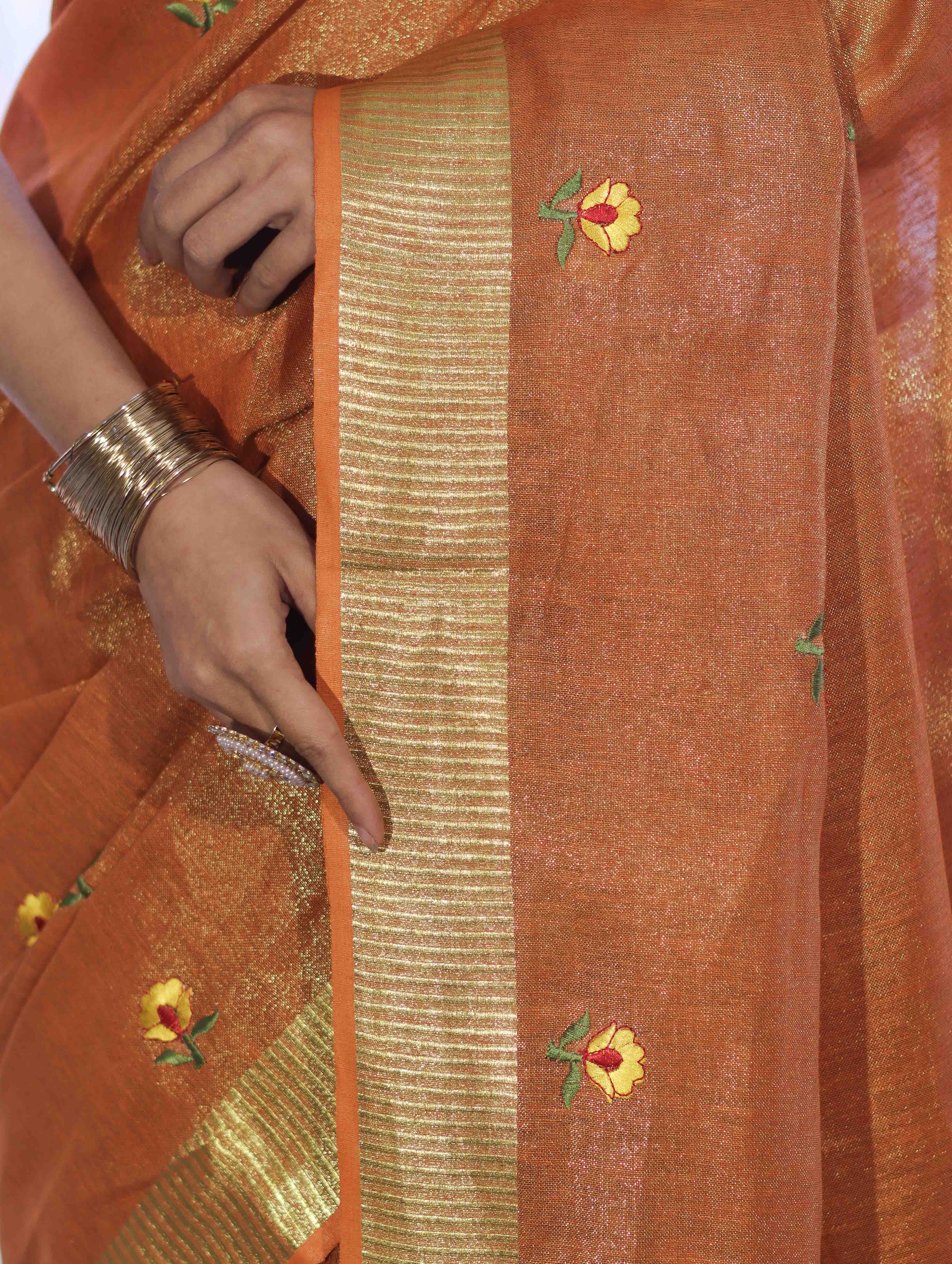 Bhagalpur Handloom Linen Tissue Metallic Shine Saree With Hand Woven Floral Motifs-Rust