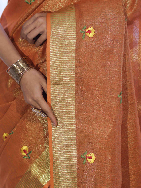 Bhagalpur Handloom Linen Tissue Metallic Shine Saree With Hand Woven Floral Motifs-Rust