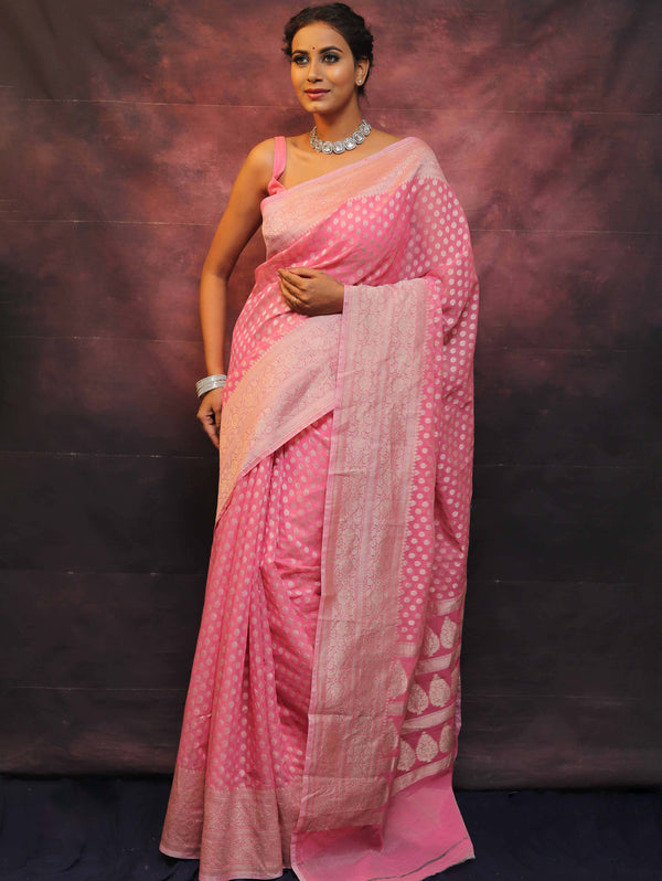 Banarasee Organza Silk Saree With Zari Buti & Border-Pink