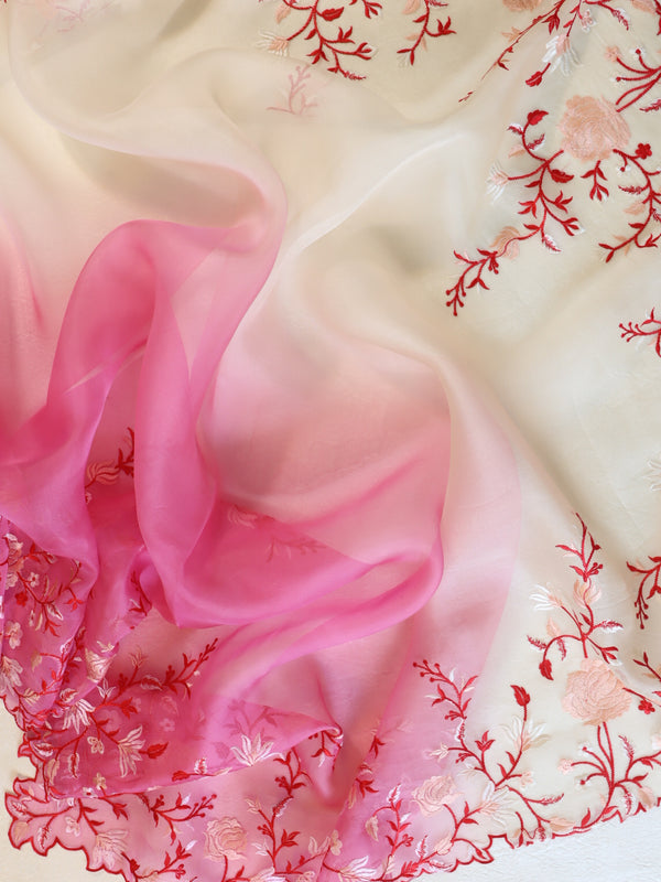 Banarasee Pure Organza Silk Dual Color Saree With Floral Resham Embroidery-Cream & Pink