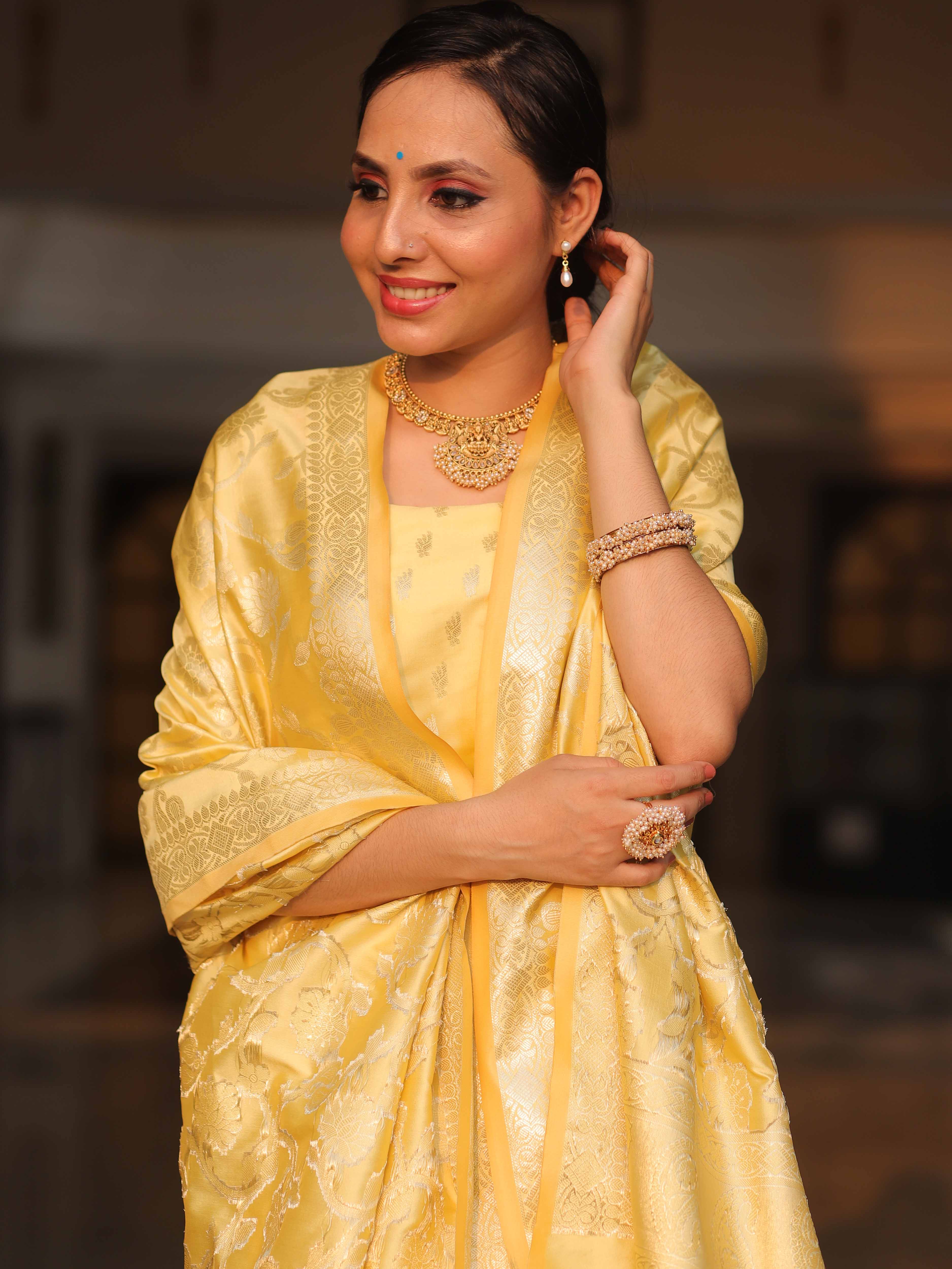 Banarasee Salwar Kameez Semi Katan Silk Fabric With Zari Work-Yellow