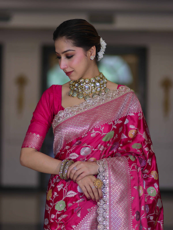 Banarasee Handloom Mashru Silk Saree With Jaal Design & Lace Border-Fuchsia Pink