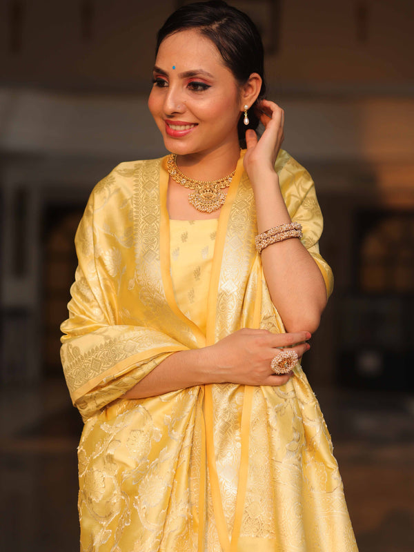 Banarasee Salwar Kameez Semi Katan Silk Fabric With Zari Work-Yellow