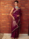 Banarasee Handwoven Semi Katan Saree With Sona Rupa Zari Buta Design Border & Lace-Wine