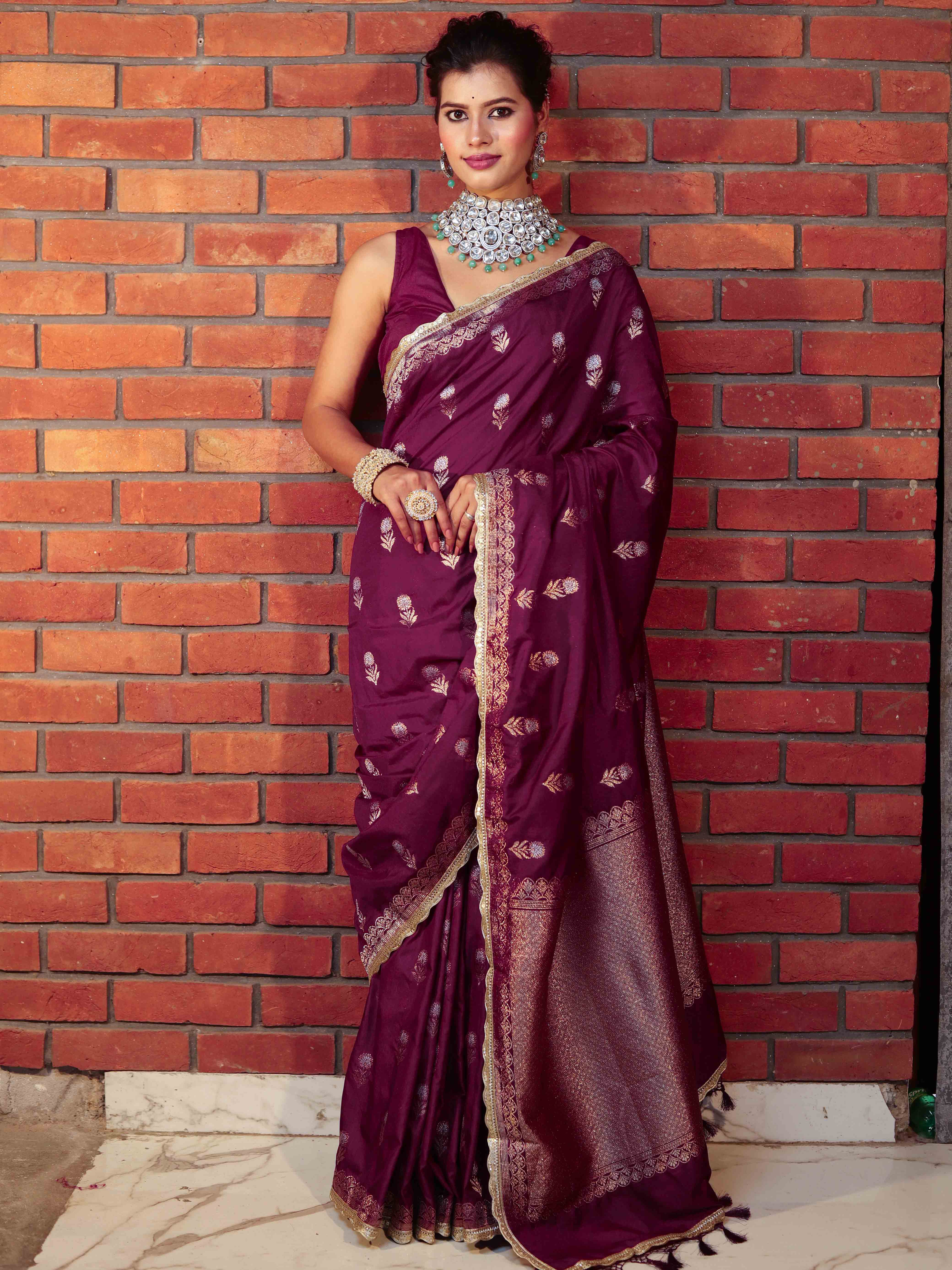 Banarasee Handwoven Semi Katan Saree With Sona Rupa Zari Buta Design Border & Lace-Wine