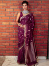 Banarasee Handwoven Semi Katan Saree With Sona Rupa Zari Buta Design Border & Lace-Wine