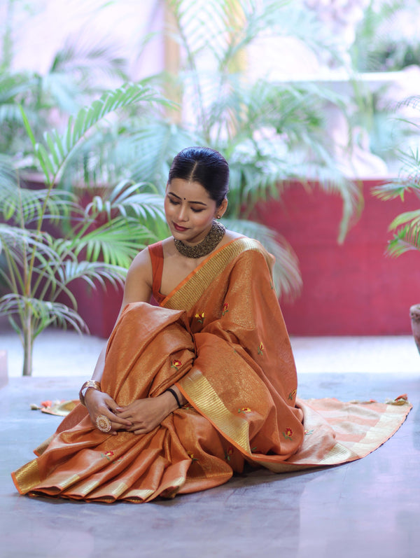 Bhagalpur Handloom Linen Tissue Metallic Shine Saree With Hand Woven Floral Motifs-Rust