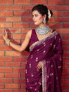 Banarasee Handwoven Semi Katan Saree With Sona Rupa Zari Buta Design Border & Lace-Wine