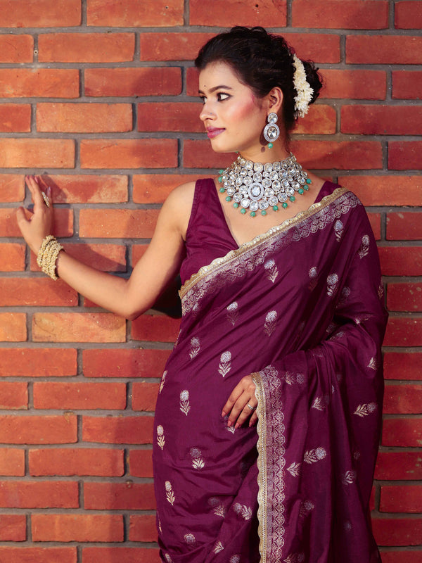 Banarasee Handwoven Semi Katan Saree With Sona Rupa Zari Buta Design Border & Lace-Wine