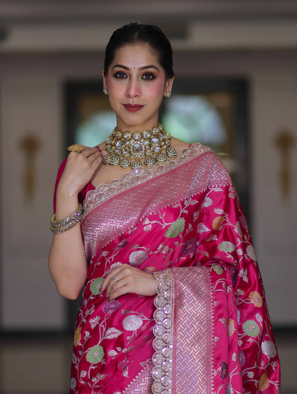 Banarasee Handloom Mashru Silk Saree With Jaal Design & Lace Border-Fuchsia Pink