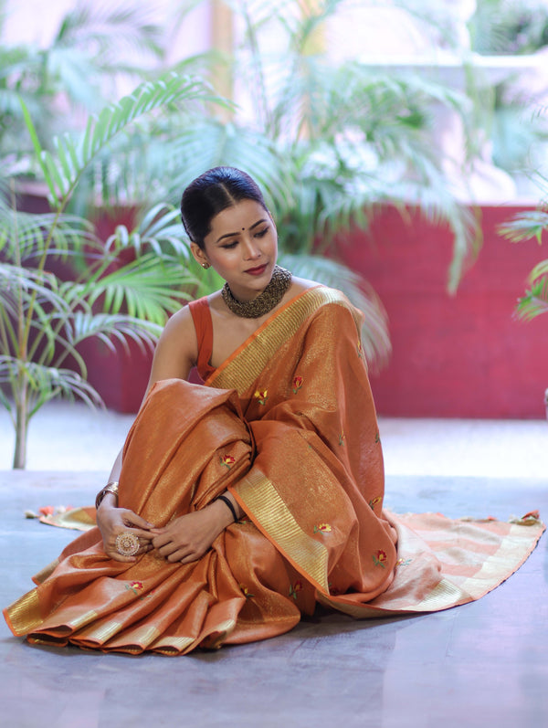 Bhagalpur Handloom Linen Tissue Metallic Shine Saree With Hand Woven Floral Motifs-Rust