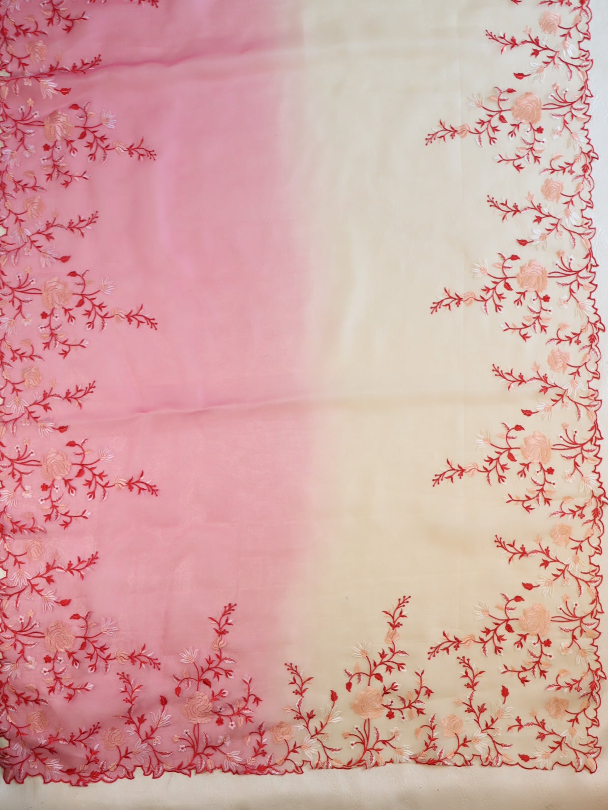 Banarasee Pure Organza Silk Dual Color Saree With Floral Resham Embroidery-Cream & Pink
