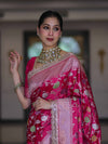 Banarasee Handloom Mashru Silk Saree With Jaal Design & Lace Border-Fuchsia Pink