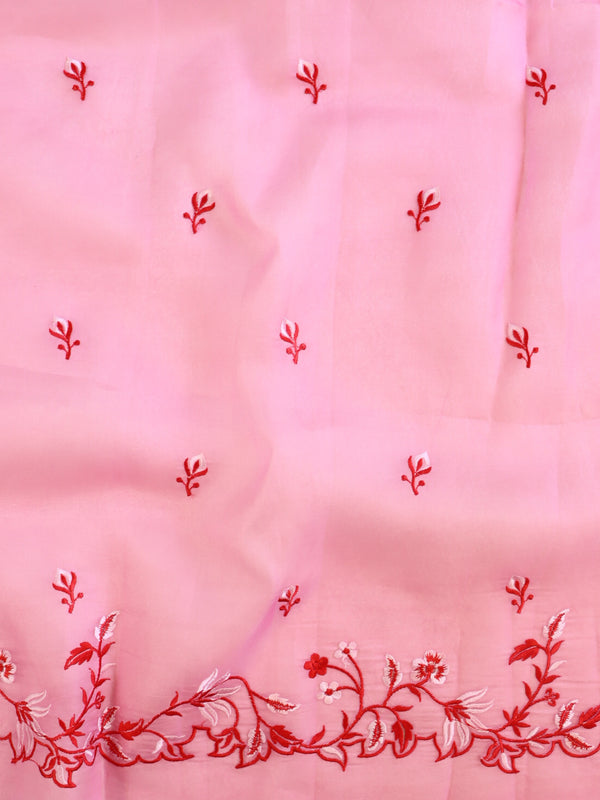 Banarasee Pure Organza Silk Dual Color Saree With Floral Resham Embroidery-Cream & Pink