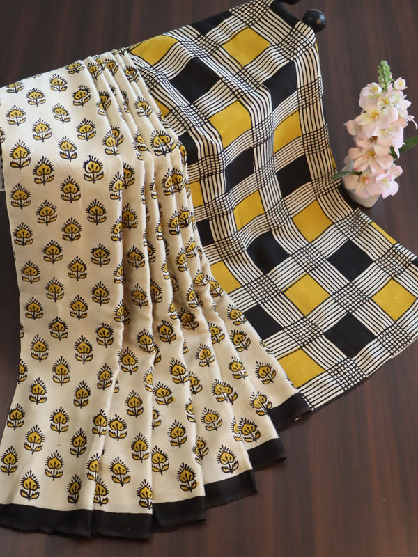 Banarasee Handloom Modal Silk Block Print Saree-Beige