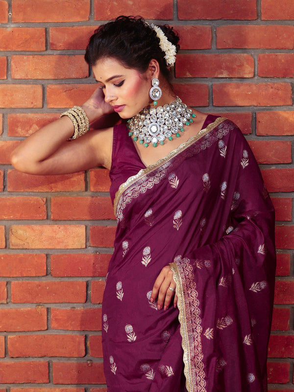 Banarasee Handwoven Semi Katan Saree With Sona Rupa Zari Buta Design Border & Lace-Wine