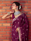 Banarasee Handwoven Semi Katan Saree With Sona Rupa Zari Buta Design Border & Lace-Wine