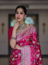 Banarasee Handloom Mashru Silk Saree With Jaal Design & Lace Border-Fuchsia Pink