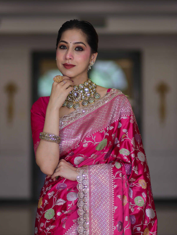 Banarasee Handloom Mashru Silk Saree With Jaal Design & Lace Border-Fuchsia Pink