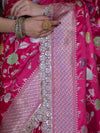 Banarasee Handloom Mashru Silk Saree With Jaal Design & Lace Border-Fuchsia Pink