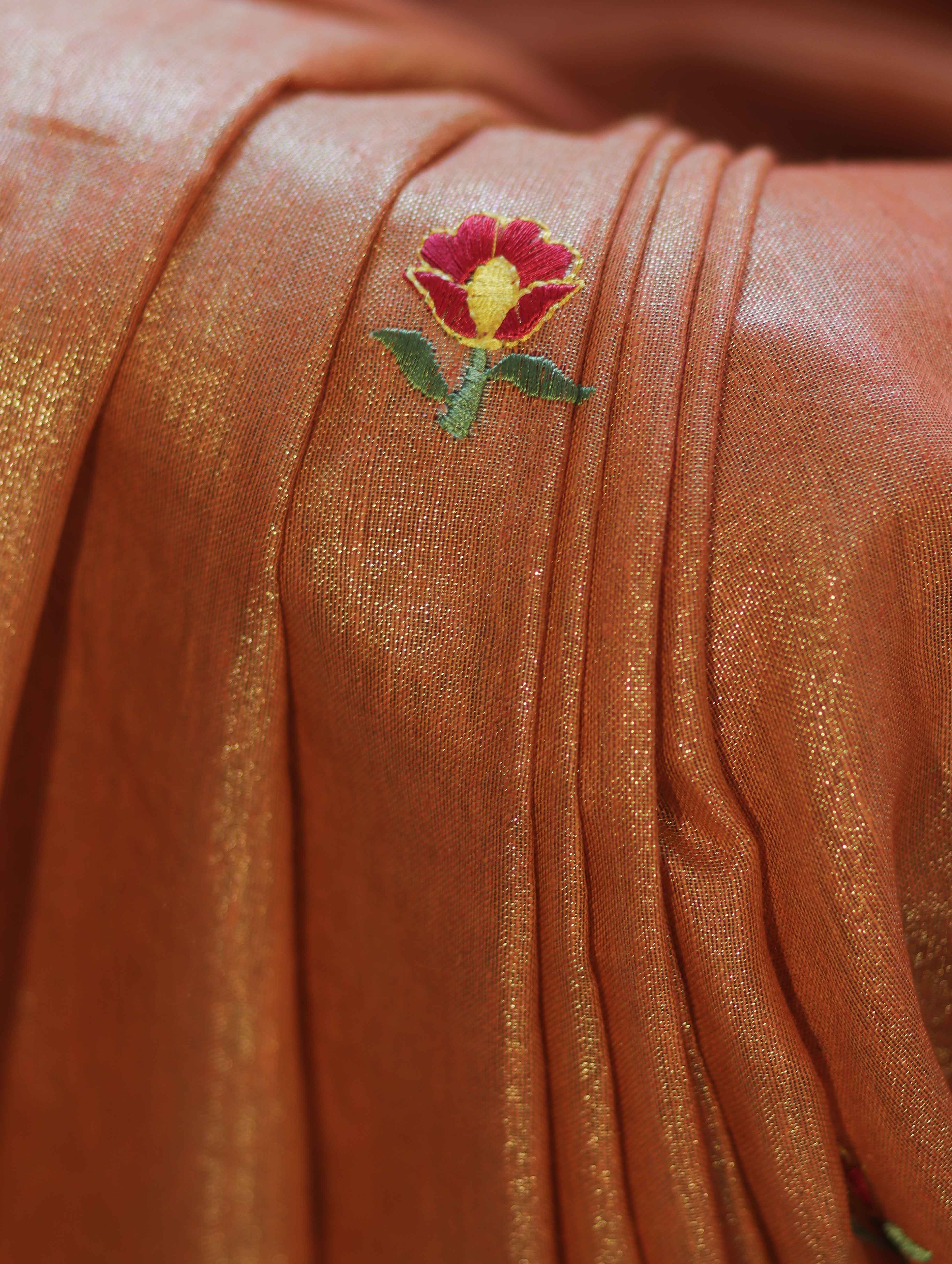 Bhagalpur Handloom Linen Tissue Metallic Shine Saree With Hand Woven Floral Motifs-Rust