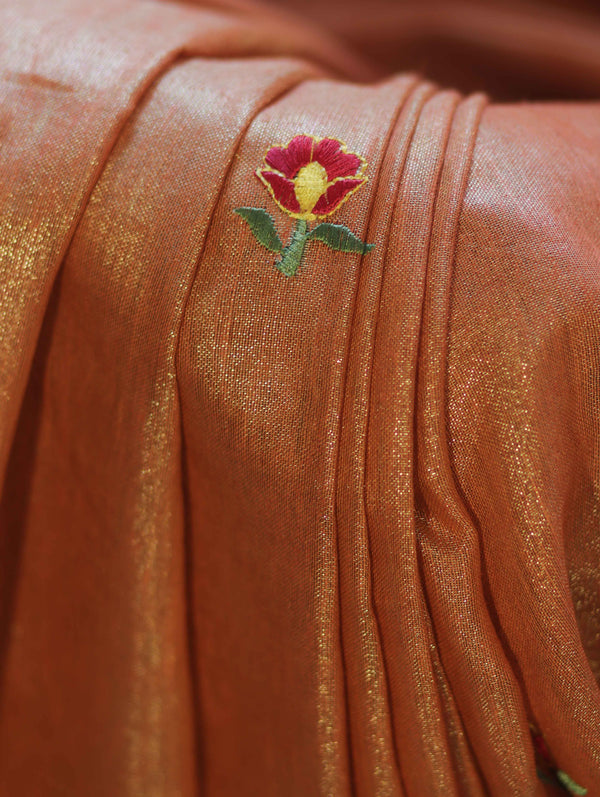 Bhagalpur Handloom Linen Tissue Metallic Shine Saree With Hand Woven Floral Motifs-Rust
