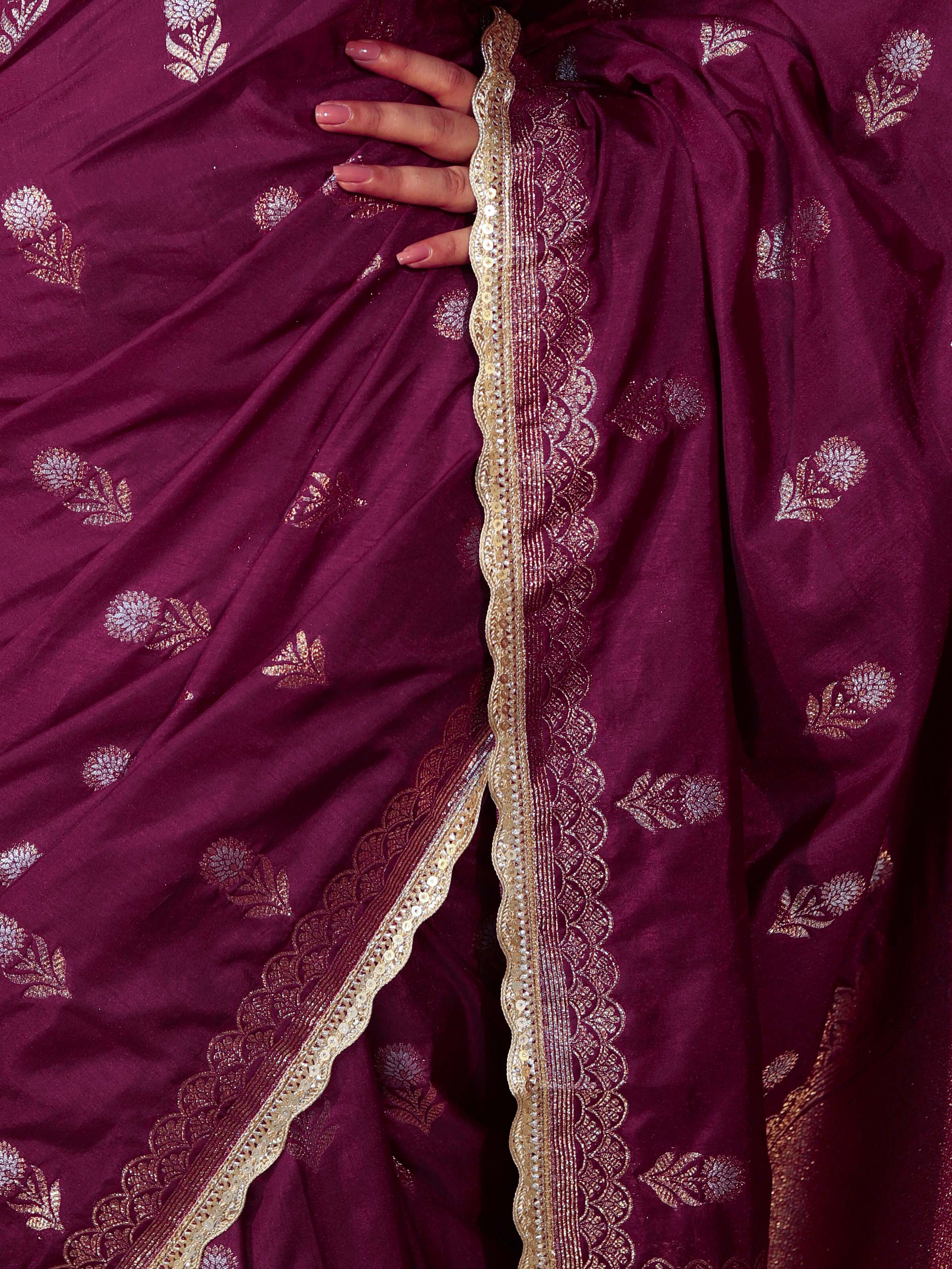 Banarasee Handwoven Semi Katan Saree With Sona Rupa Zari Buta Design Border & Lace-Wine