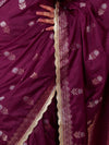 Banarasee Handwoven Semi Katan Saree With Sona Rupa Zari Buta Design Border & Lace-Wine