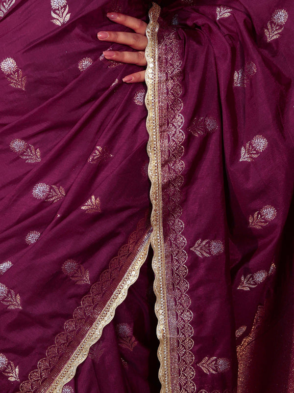 Banarasee Handwoven Semi Katan Saree With Sona Rupa Zari Buta Design Border & Lace-Wine