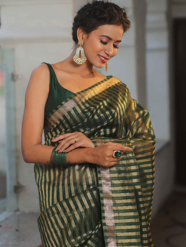 Banarasee Handwoven Striped Tissue Saree-Green