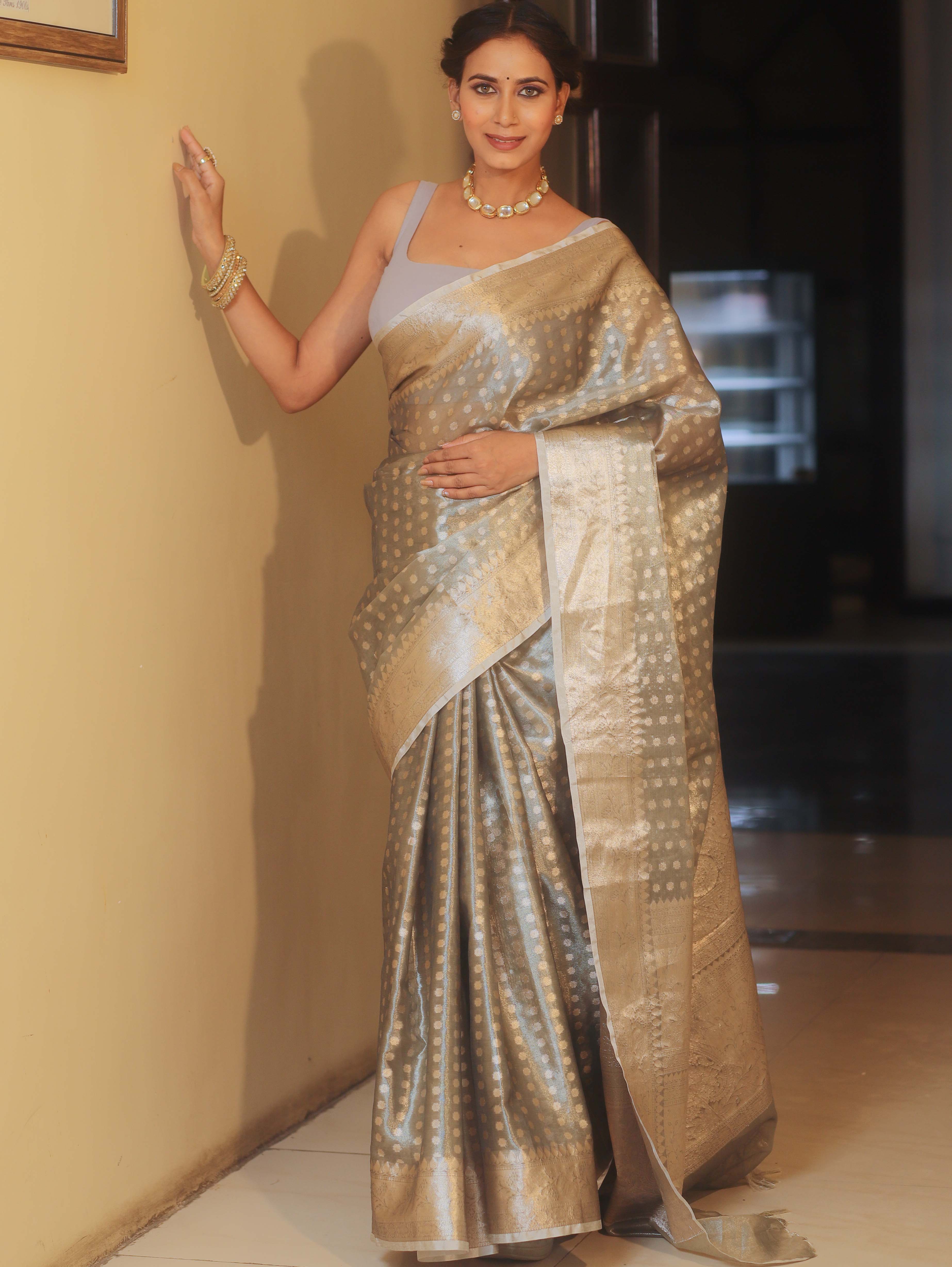 Banarasee Handwoven Tissue Saree With Zari Buta-Grey
