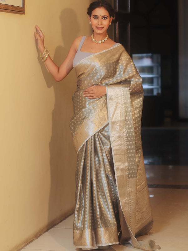Banarasee Handwoven Tissue Saree With Zari Buta-Grey