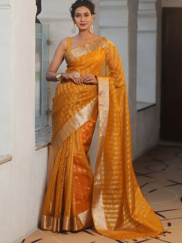 Banarasee Handwoven Striped Tissue Saree-Yellow