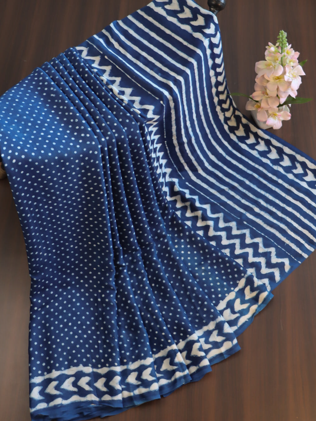 Banarasee Handloom Modal Silk Block Print Saree-Blue