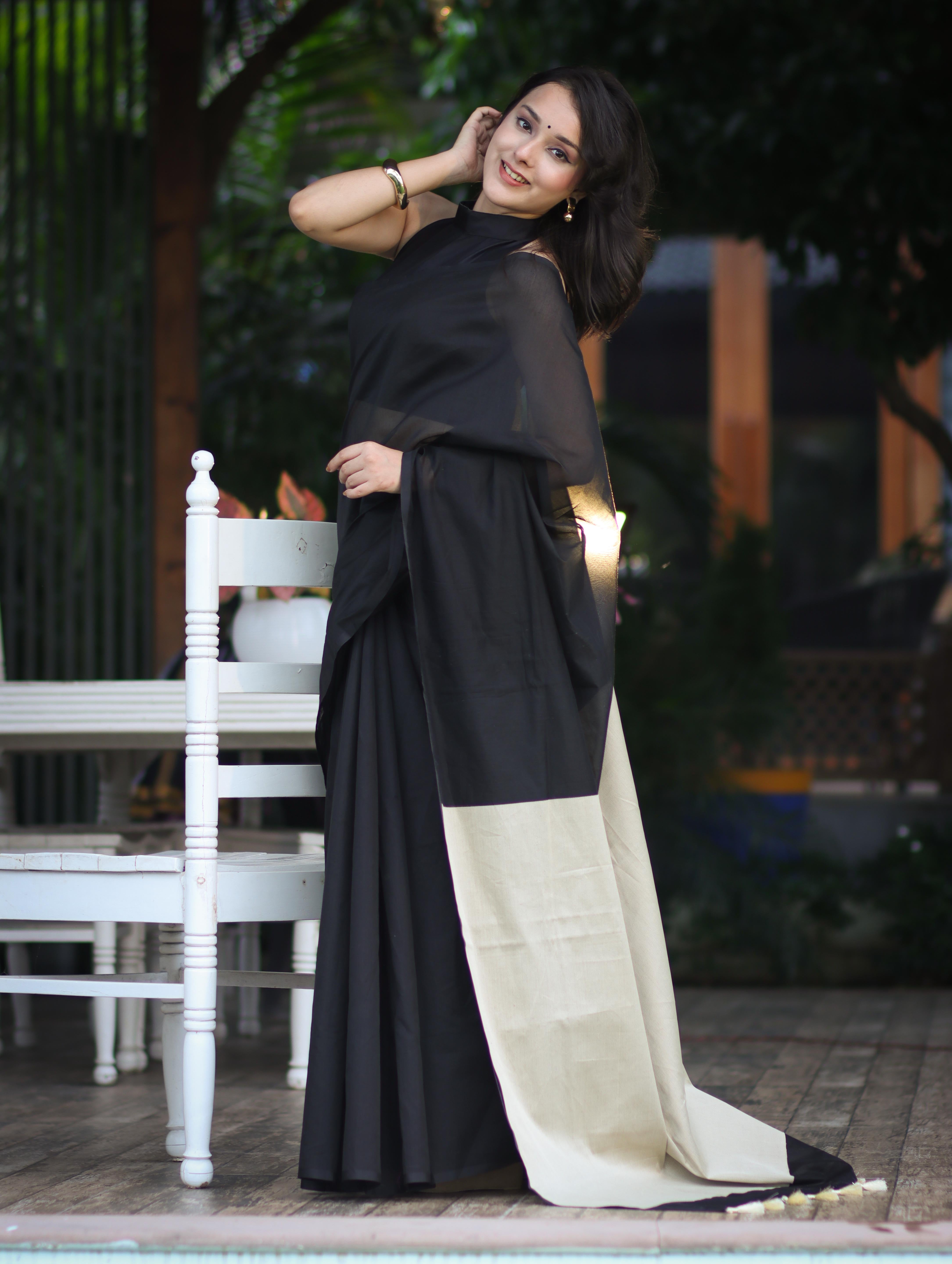 Banarasee Handloom Plain Cotton Silk Saree With Contrast Pallu-Black