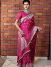 Banarasee Handwoven Semi Katan Saree With Zari Buti Design Border & Lace-Pink